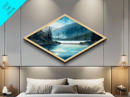 Misty Lake Retreat – Diamond Shaped Canvas Textured Print with tranquil blue waters, evergreen reflection scene, peaceful nature wall art