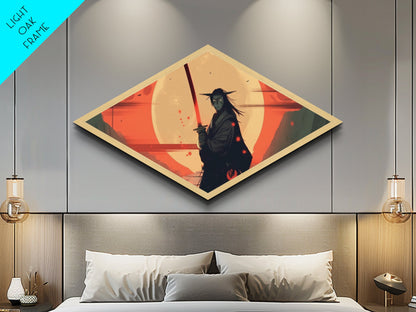 Demon Samurai Stance Diamond Shaped Canvas Art Print, Japanese Anime Warrior Decor, Red Moon Battle Scene, Teen Room Artwork