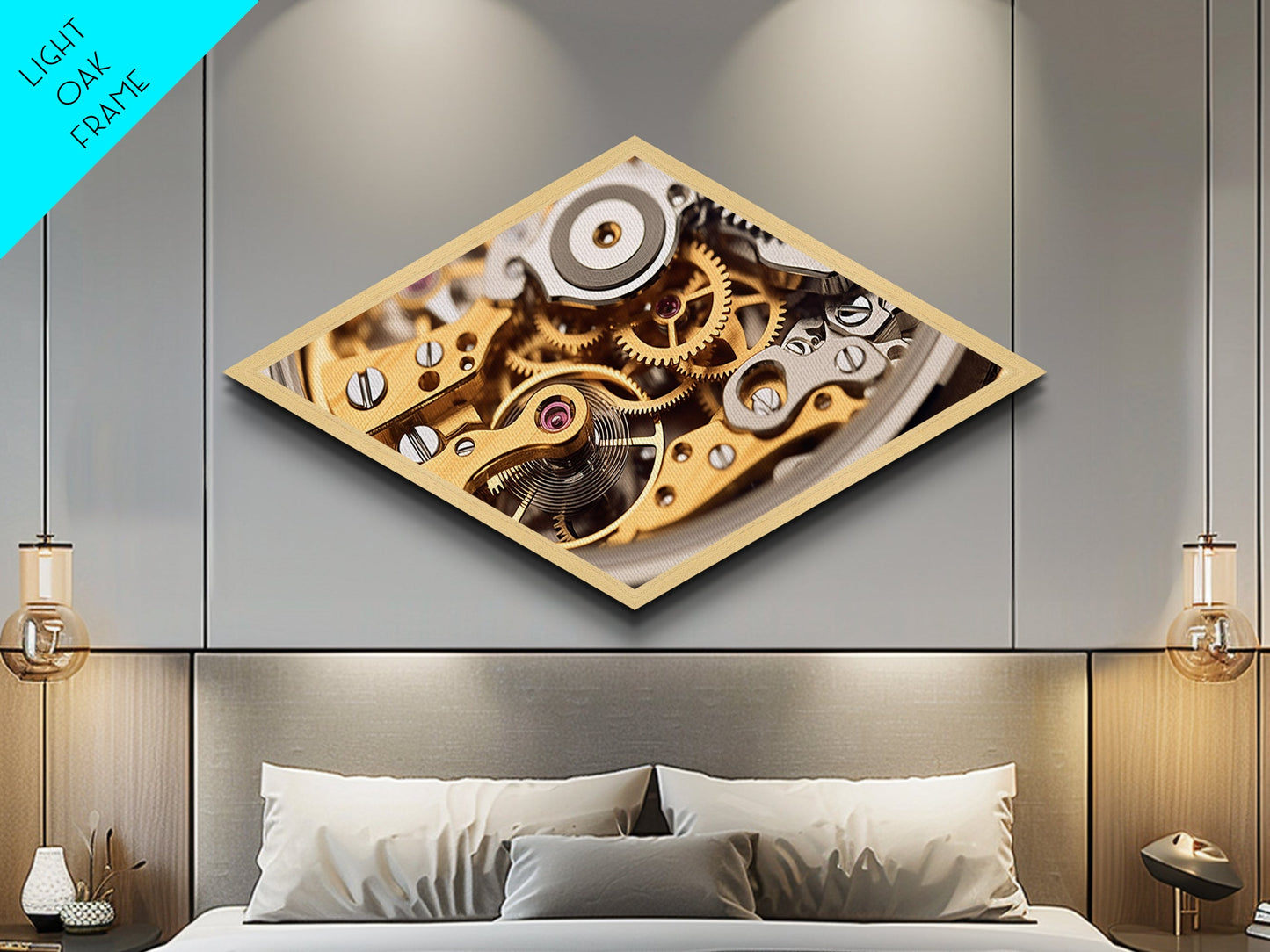 Horology Precision Gears Diamond Shaped Canvas Embossed Print, Steampunk Clockwork Art, Industrial Style Decor, Watchmaker Gift