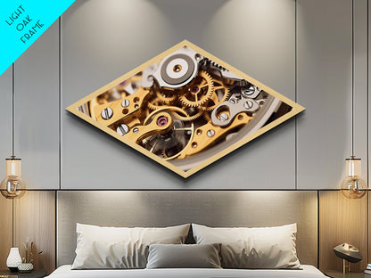 Horology Precision Gears Diamond Shaped Canvas Embossed Print, Steampunk Clockwork Art, Industrial Style Decor, Watchmaker Gift