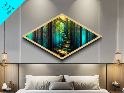 Magic Forest Portal Diamond Shaped Canvas Textured Print, fantasy woodland entrance art, colorful ethereal tree landscape print