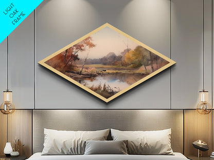 Woodland Reflections – Diamond Shaped Canvas Textured Print, Fall Forest Art, Water Scene Accent, Cozy Home Nature Wall Decor