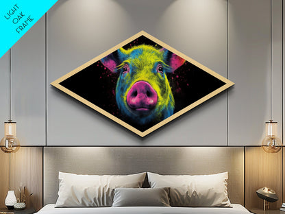 Psychedelic Pig Face – Diamond Shaped Canvas Art Print, Bold Animal Decor, Color Pop Wall Accent, Modern Farmhouse Nursery Gift