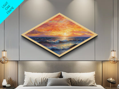 Ocean Sunset Diamond Shaped Canvas Art Print, Nautical Seascapes Painting, New England Style Art, Lakehouse Or Beach house Decor