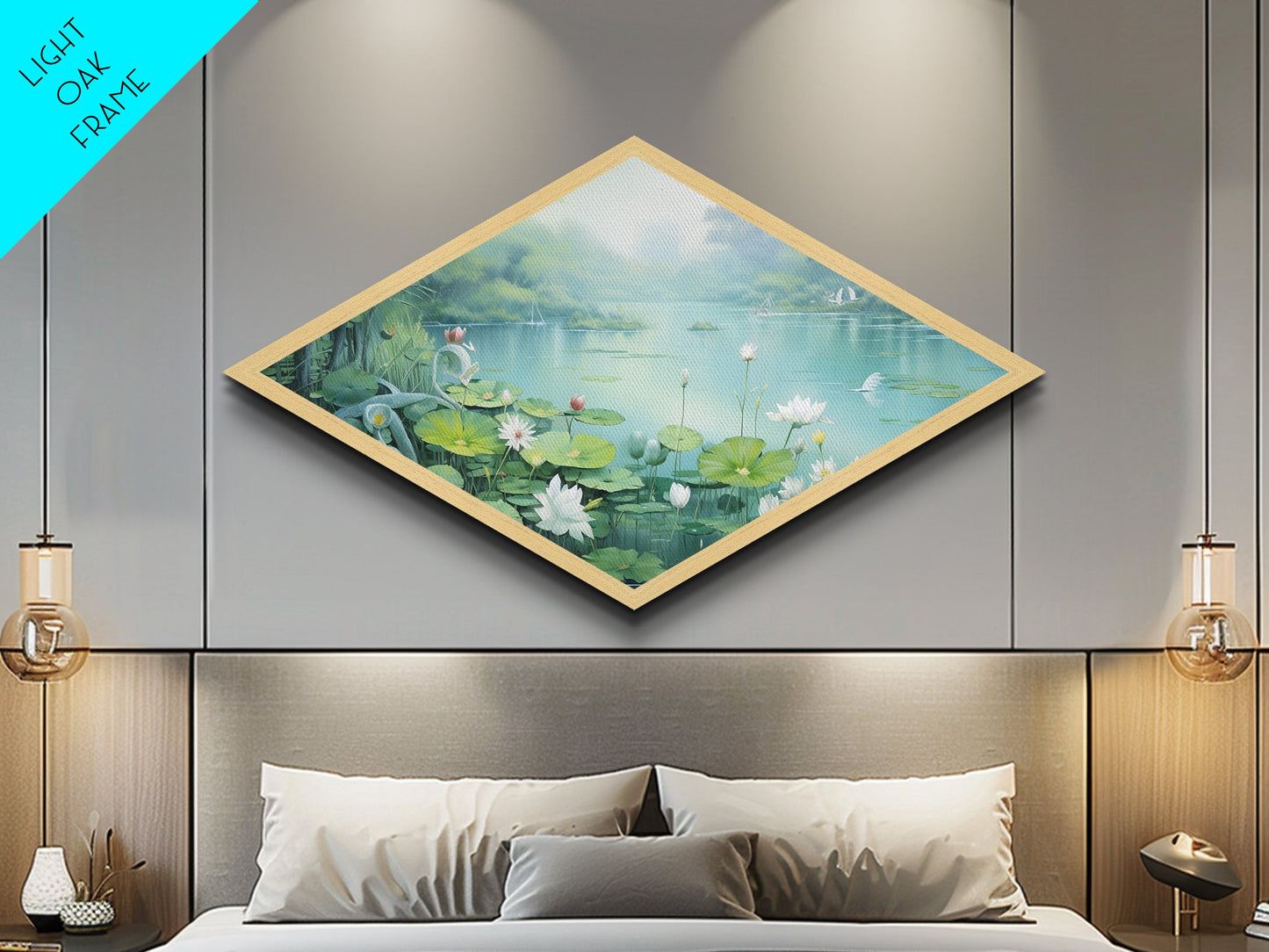 Tranquil Lily Pond Diamond Shaped Canvas Textured Print with peaceful lotus flowers, lake landscape art, spa room wall decoration