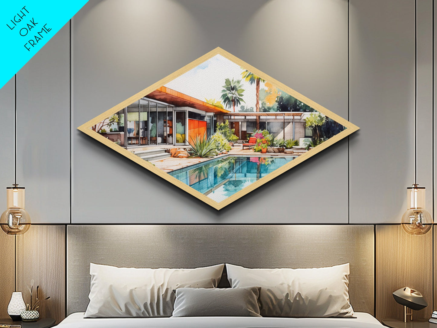 Midcentury Oasis Retreat Diamond Shaped Modern Home Canvas Art Print poolside bungalow retro palm springs architectural wall decor
