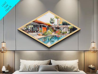 Midcentury Oasis Retreat Diamond Shaped Modern Home Canvas Art Print poolside bungalow retro palm springs architectural wall decor