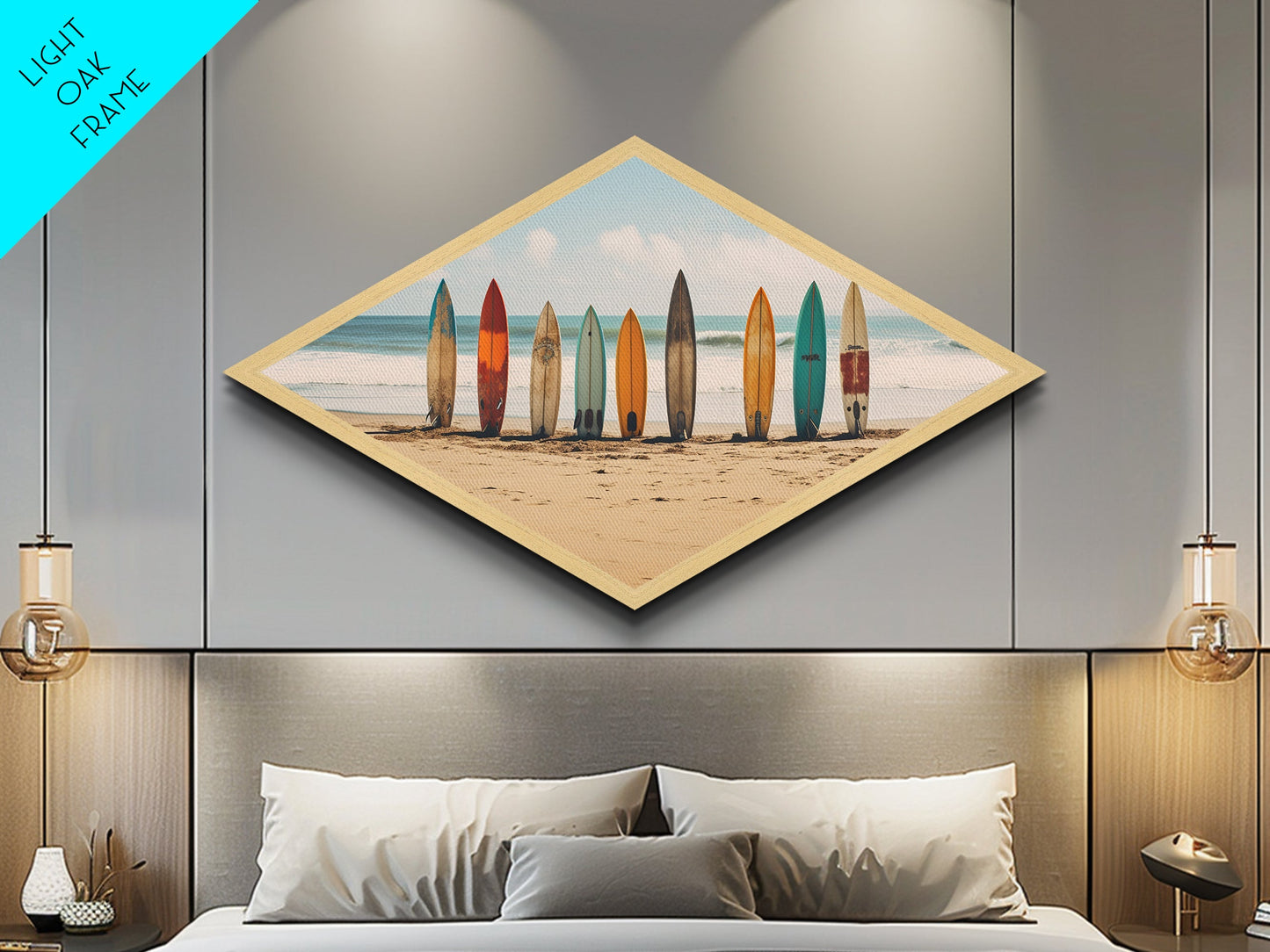 Coastal Surf Vibes Diamond Shaped Beach Canvas Art Print surfboards ocean retro seaside summer surf shack boho wall decor gift idea