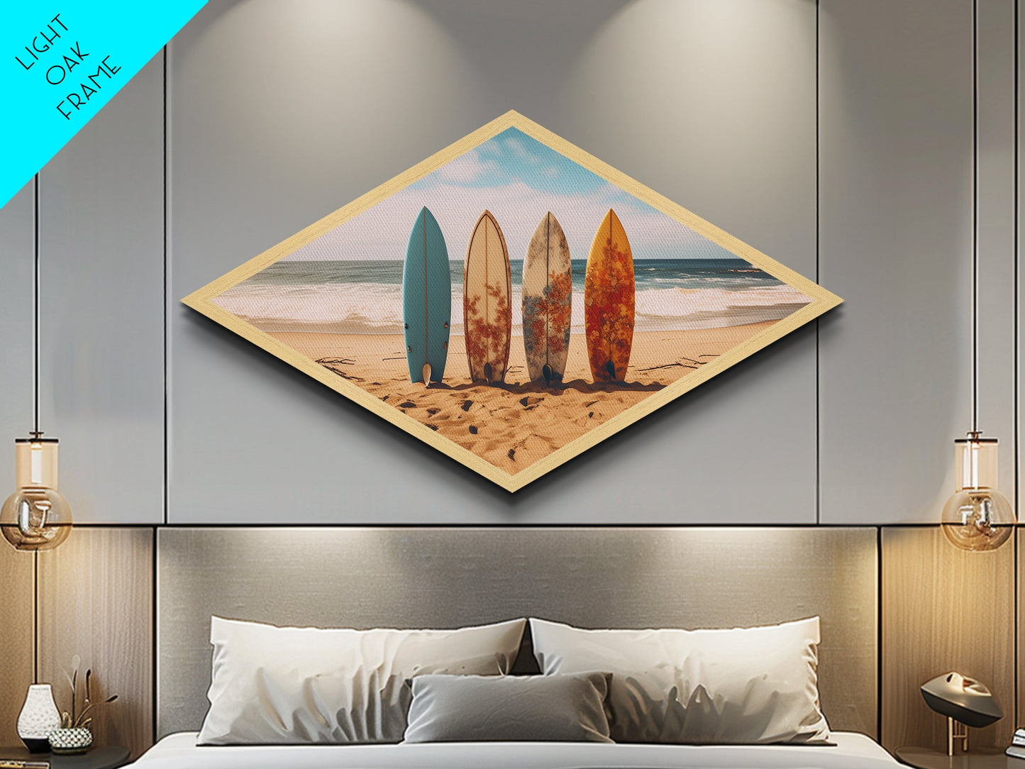 Vibrant Surf Quartet Diamond Shaped beach scene with surfboards wall decor Canvas Art Print coastal summer home accent gift idea