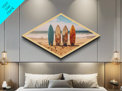 Vibrant Surf Quartet Diamond Shaped beach scene with surfboards wall decor Canvas Art Print coastal summer home accent gift idea