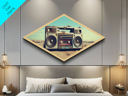 Boombox On Beach Diamond Shaped retro music lover Canvas Textured Print nostalgic 80s vibe beach sound decor man cave or dorm art