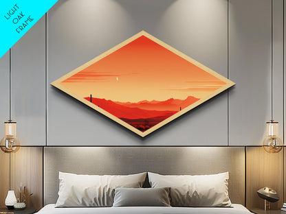 Desert Horizon Glow Diamond Shaped minimalist desert sunset Canvas Embossed Print warm orange tones boho bedroom or office accent
