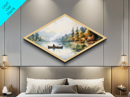 Peaceful Canoe Morning Diamond Shaped watercolor lake art Canvas Textured Print nature inspired calming space cabin or retreat gift