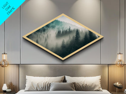 Misty Forest Layers Diamond Shaped Nature Landscape Canvas Textured Print Evergreen Pine Foggy Mountains Calm Woodland Tranquil Decor