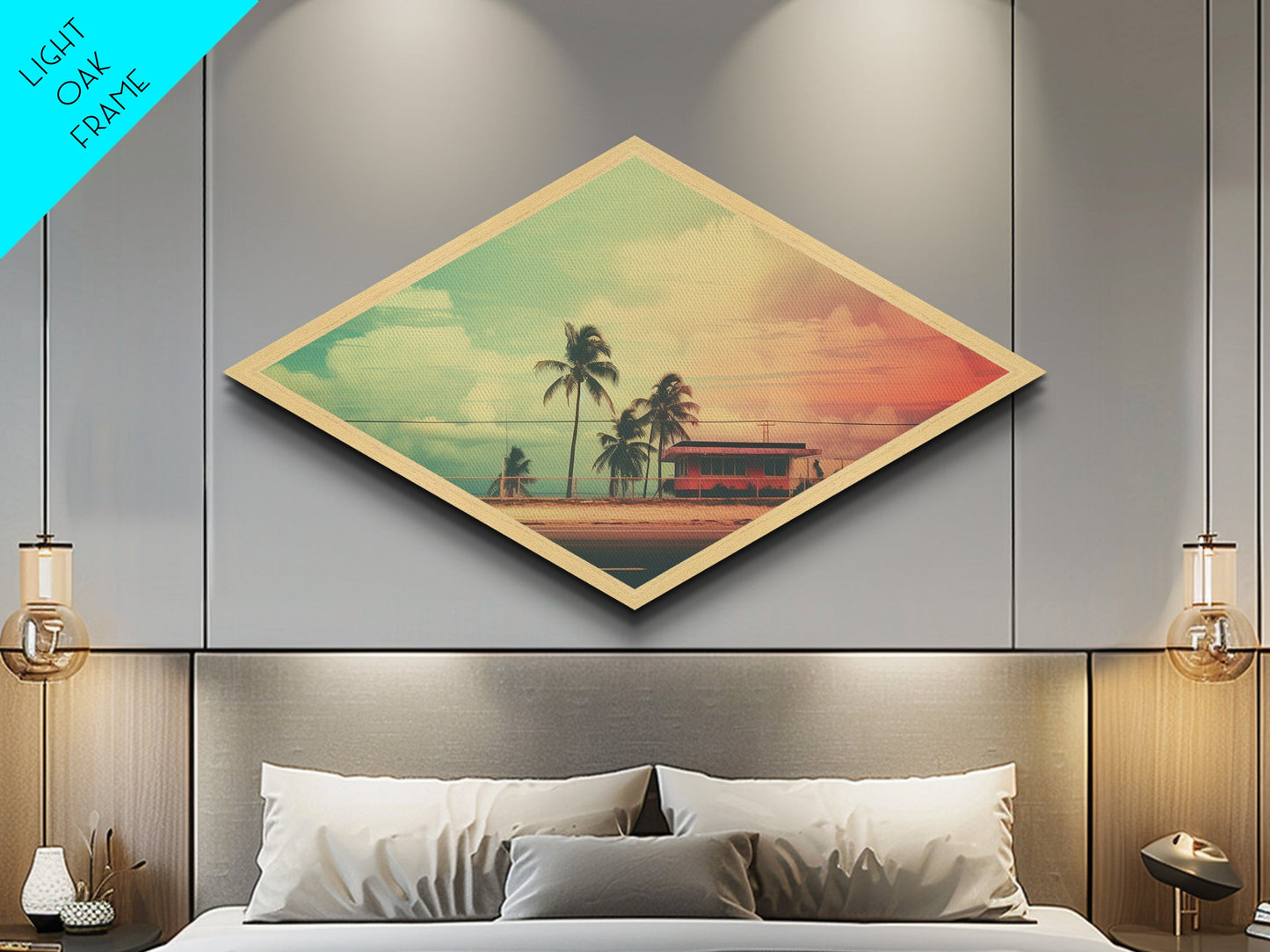 Sunset Beach Cabin — Diamond Shaped Canvas Textured Print retro coastal decor, midcentury beach wall art, vacation home aesthetic