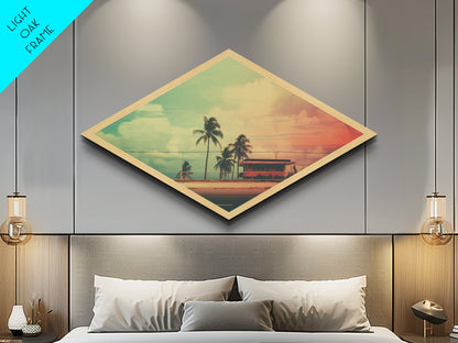 Sunset Beach Cabin — Diamond Shaped Canvas Textured Print retro coastal decor, midcentury beach wall art, vacation home aesthetic