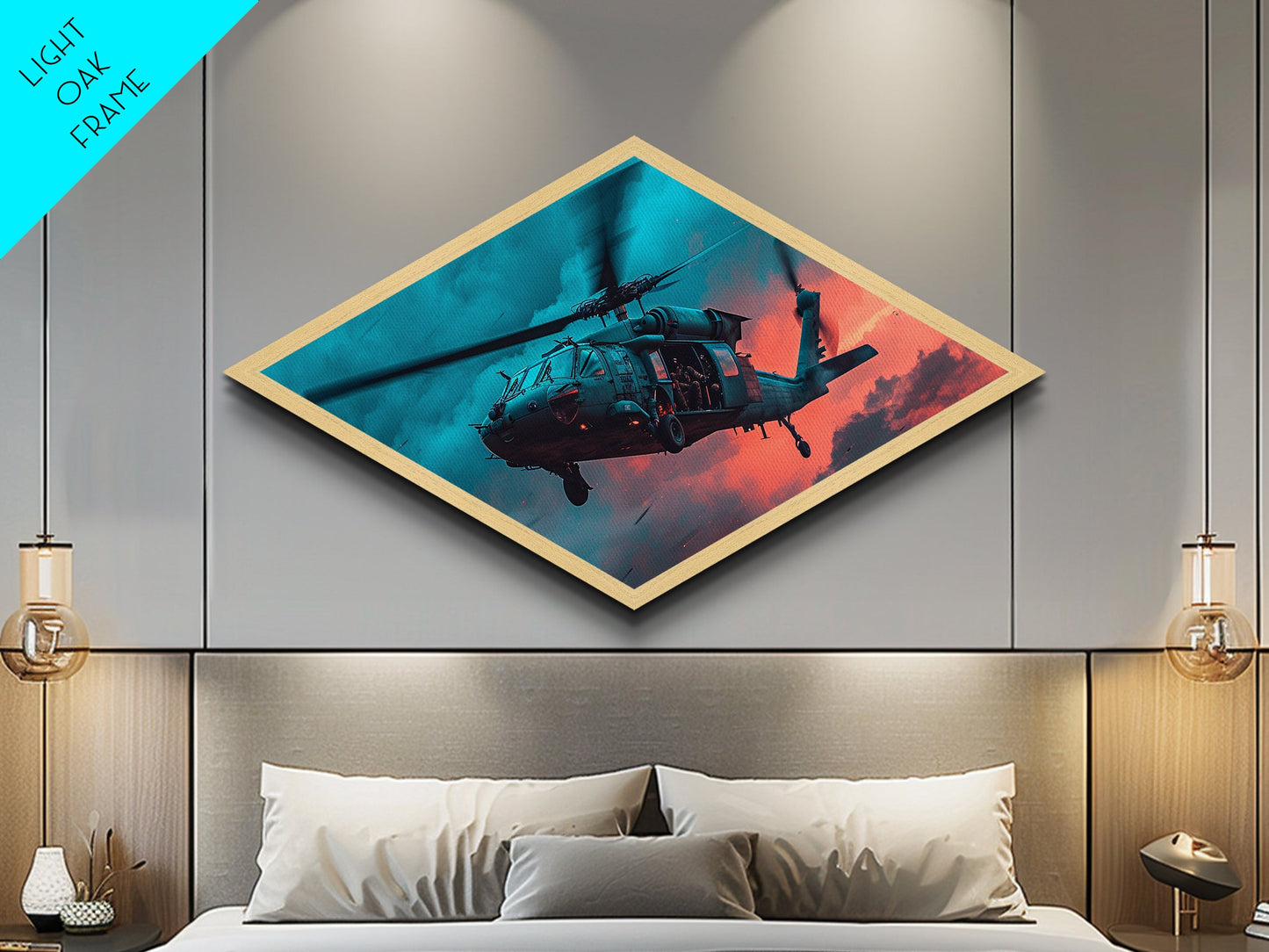 Midnight Drop Mission — Diamond Shaped Canvas Art Print helicopter military decor, stormy sky artwork, man cave or office statement