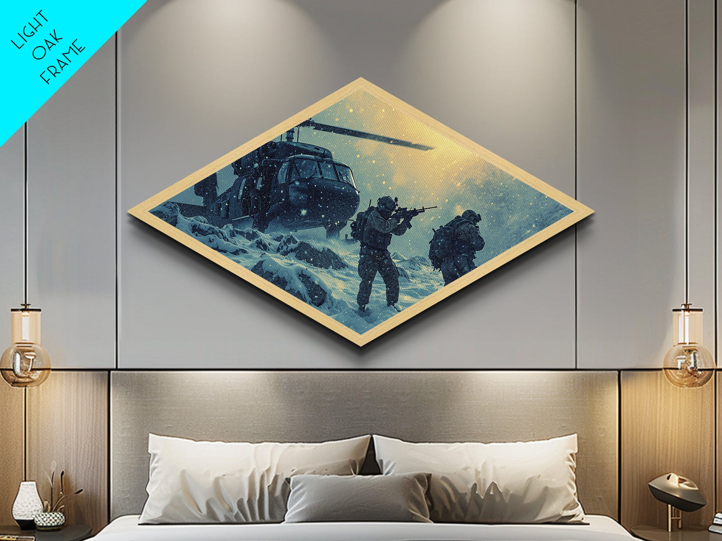 Snowfield Deployment — Diamond Shaped Canvas Textured Print army winter ops wall art, soldier gift, rustic adventure lodge accent