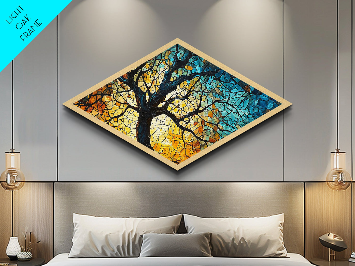 Branching Light Mosaic — Diamond Shaped Canvas Embossed Print glowing stained glass tree artwork, spiritual living room boho decor