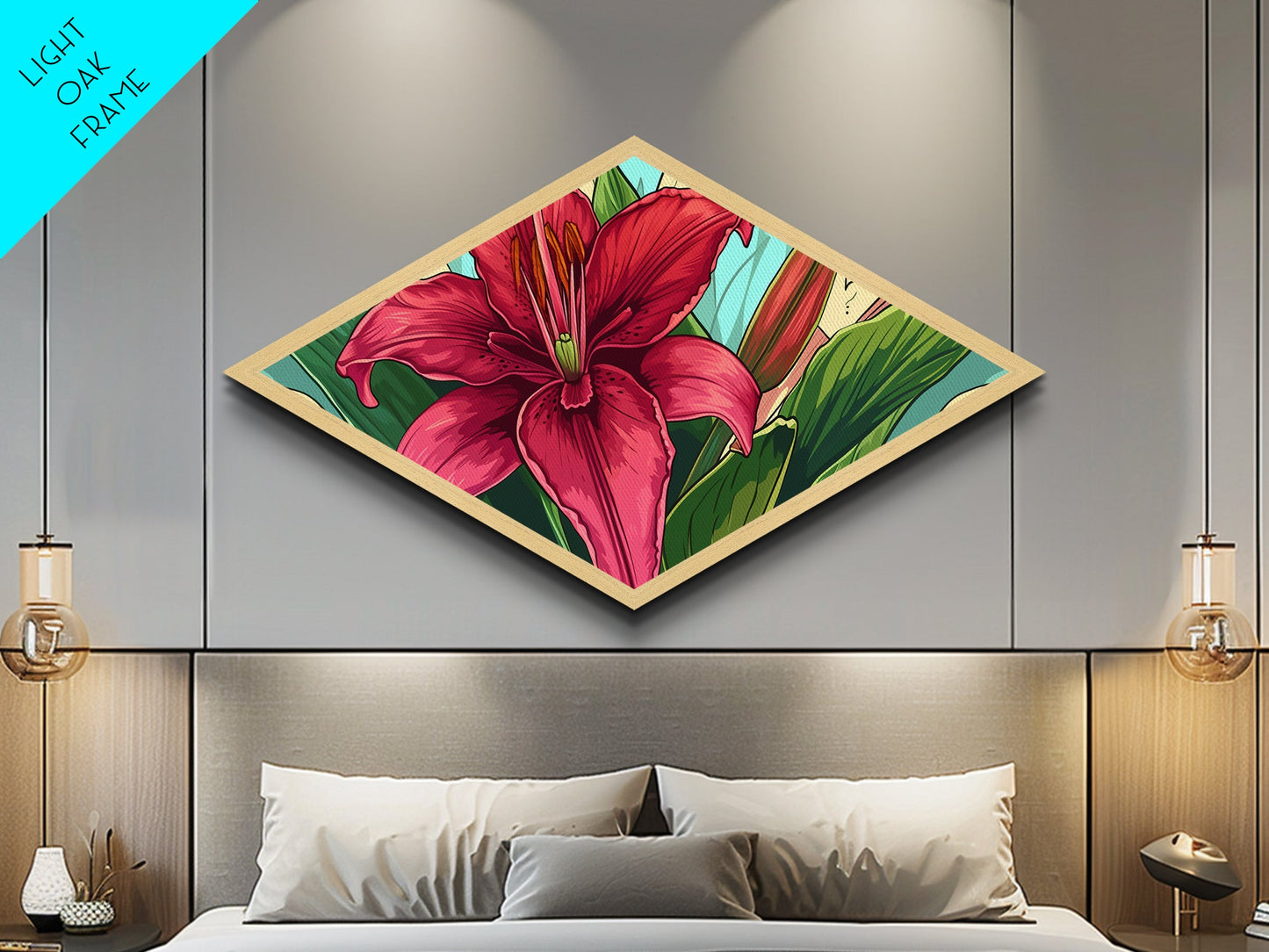 Crimson Bloom Lily Diamond Shaped Canvas Textured Print botanical flower art tropical decor living room wall art Mother's Day gift