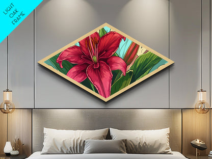 Crimson Bloom Lily Diamond Shaped Canvas Textured Print botanical flower art tropical decor living room wall art Mother's Day gift