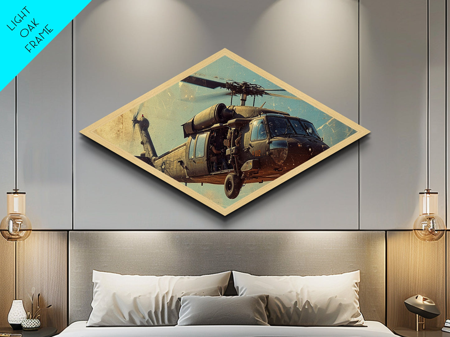 Combat Helicopter Lift Diamond Shaped Canvas Embossed Print military aviation wall art patriotic decor man cave centerpiece
