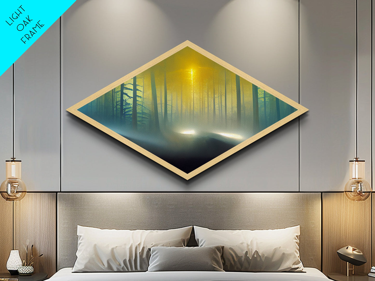 Forest Glow Tranquility Diamond Shaped Canvas Art Print, Misty Pines Sunrise Landscape Wall Decor, Nature Inspired Zen Room Accent