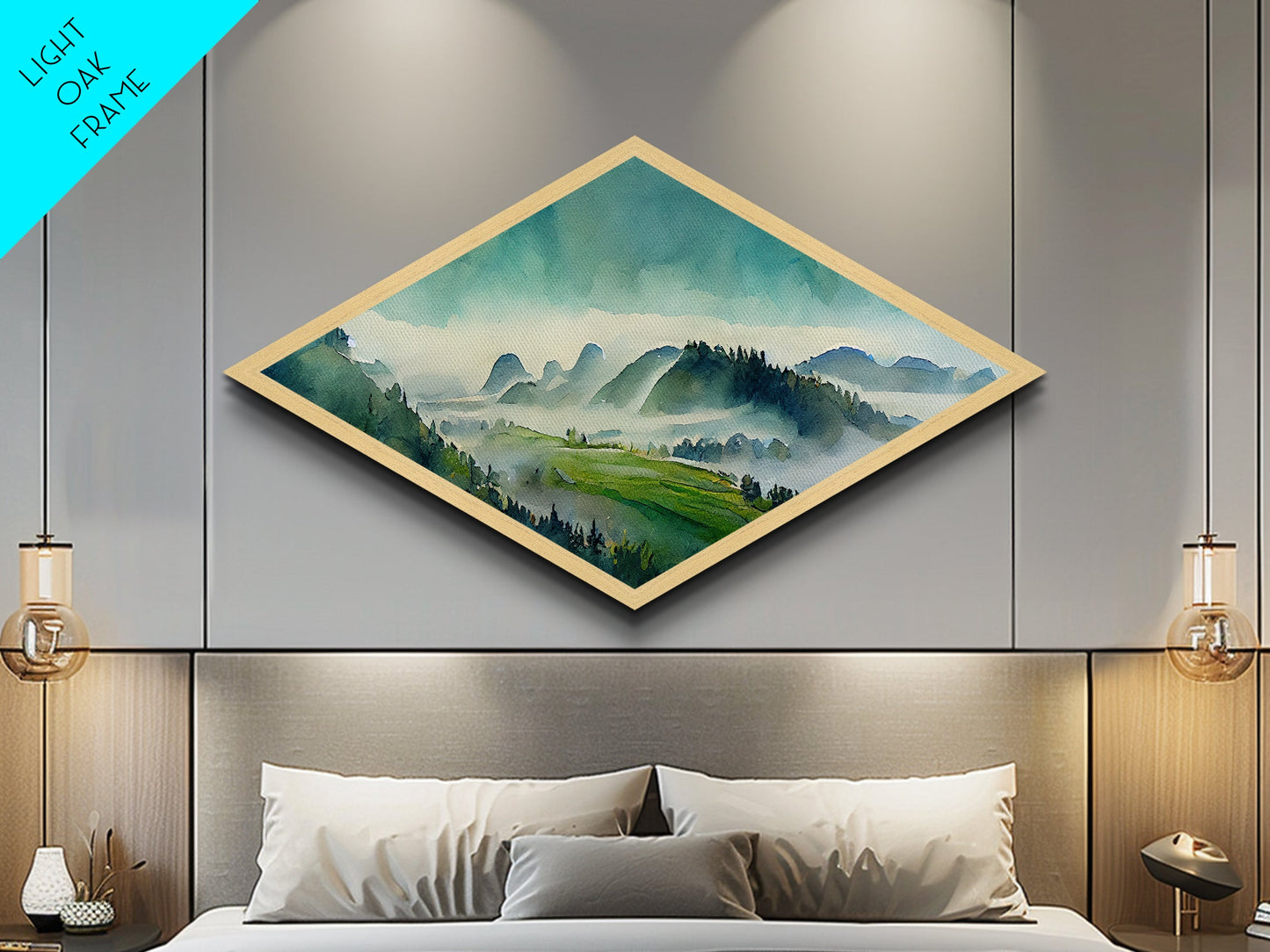 Watercolor Hills Serenity Diamond Shaped Canvas Textured Print, Misty Mountains Landscape Wall Decor, Tranquil Pastel Green Tones