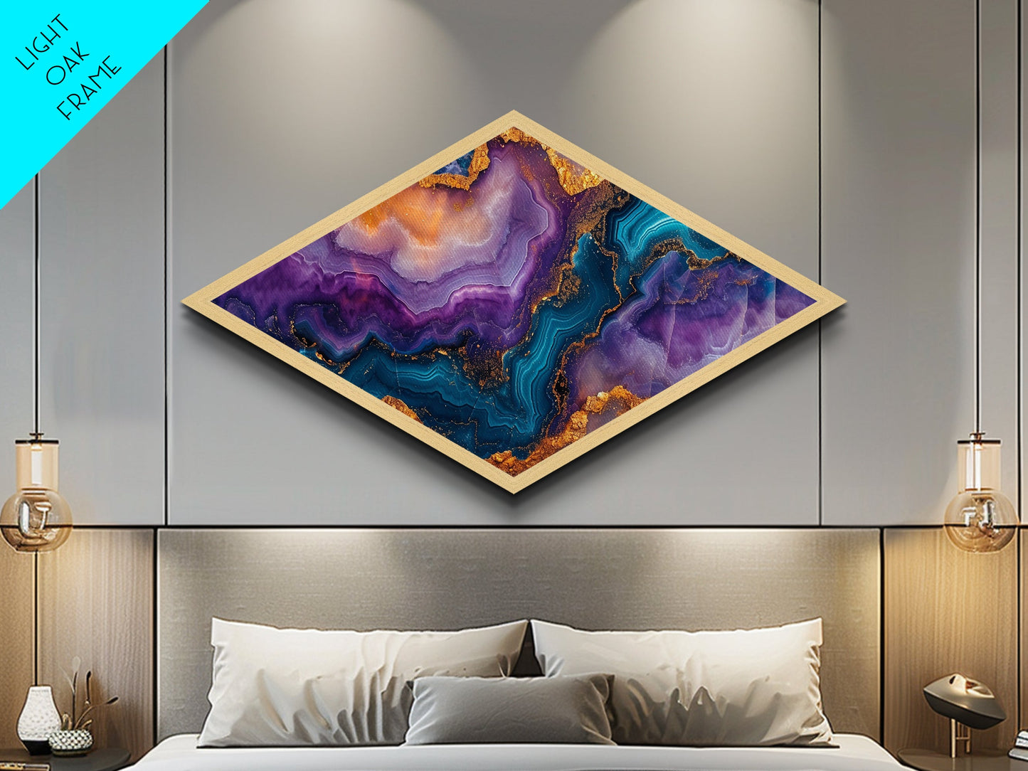 Crystalline Abyss Diamond Shaped Canvas Embossed Print Geode Gemstone Wall Art Vibrant Purple Blue Gold Abstract Office Decor