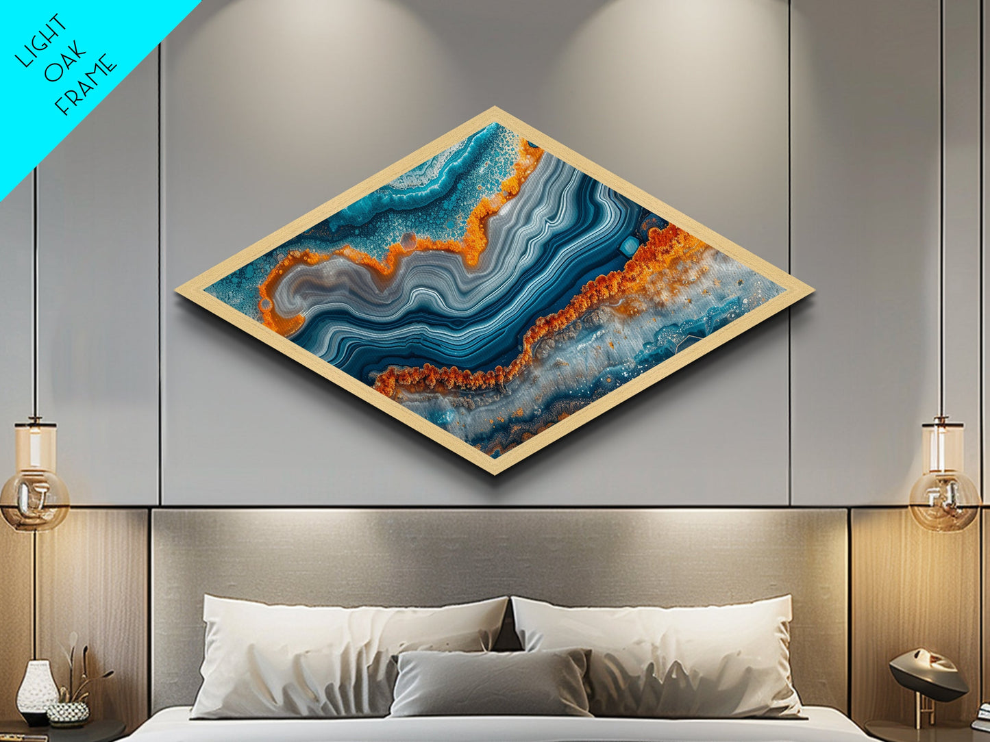 Aqua Flame Vein Diamond Shaped Canvas Textured Print Agate Crystal Slice Wall Decor Earth Tones Modern Bathroom Gift