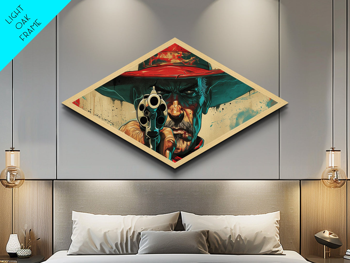 Western Gunman Gaze Diamond Shaped Canvas Embossed Print Pop Art Cowboy Portrait Bold Americana Wall Decor Man Cave Accent