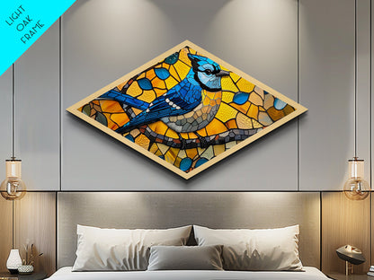 Stained Glass Bluejay Diamond Shaped Canvas Textured Print Bird Art Sunlit Window Look Nature Lover Gift Rustic Home Decor