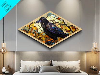 Raven Glass Shadows Diamond Shaped Canvas Art Print Stained Glass Crow Art Autumn Color Wall Decor Halloween Gothic Aesthetic