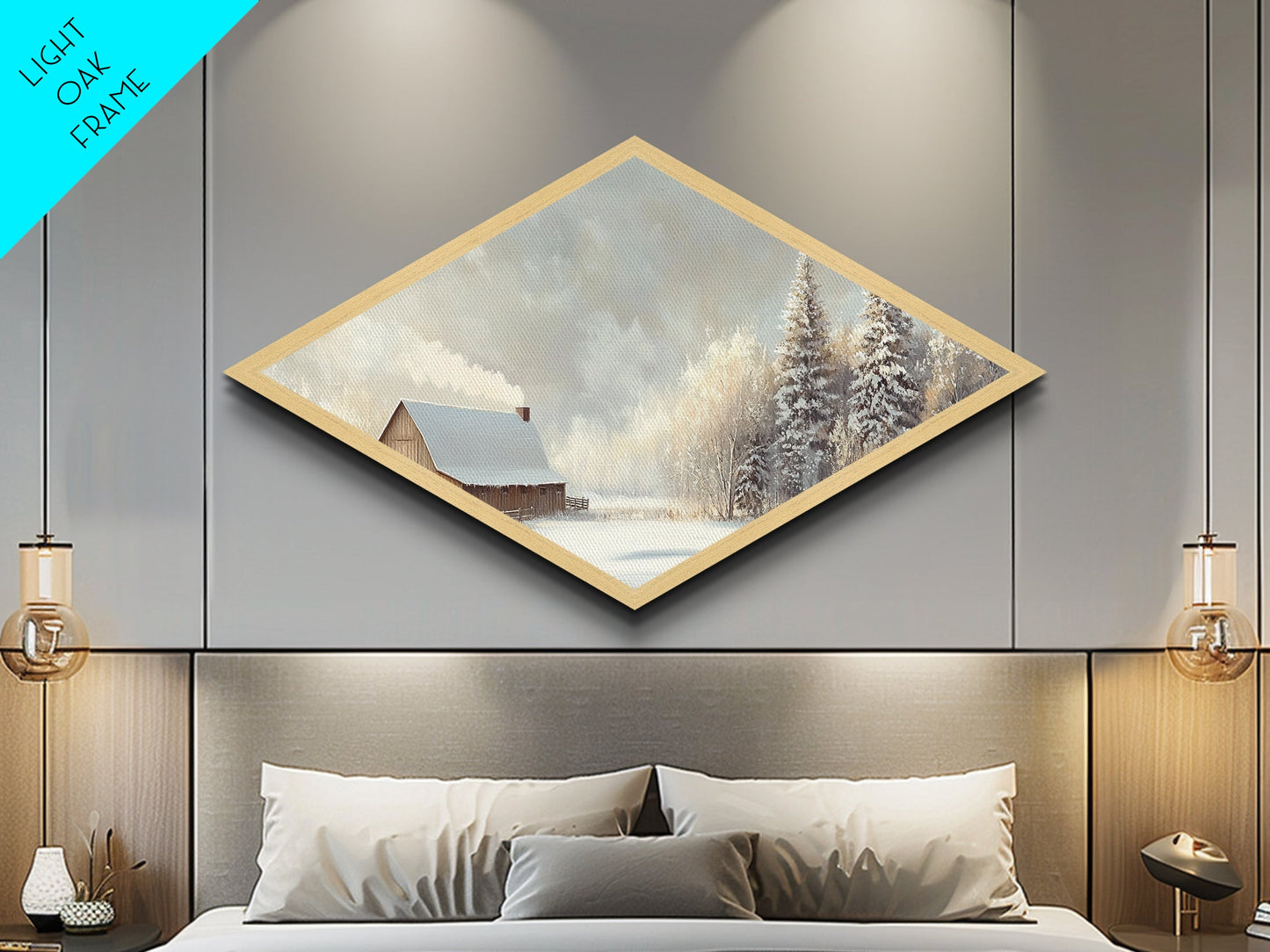 Snowy Cabin Peace – Diamond Shaped Canvas Textured Print rustic winter scene landscape wall art cozy Christmas lodge aesthetic decor