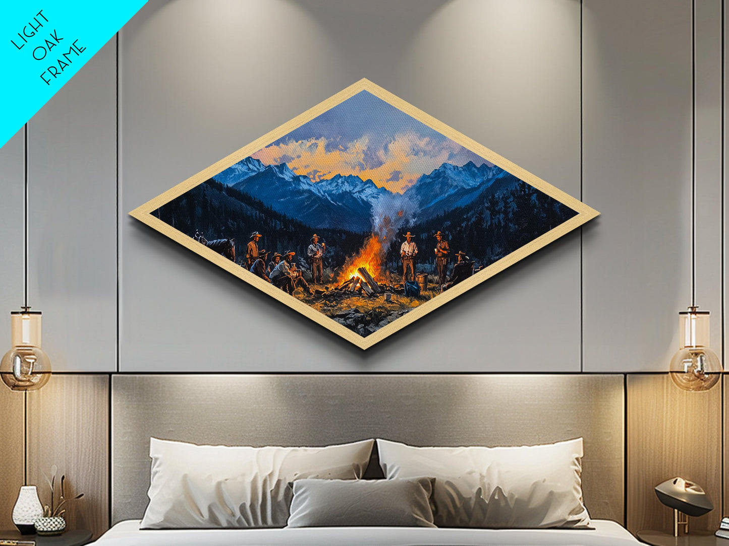 Campfire Cowboys – Diamond Shaped Canvas Art Print western rustic painting mountain landscape cowboy lodge living room Americana decor
