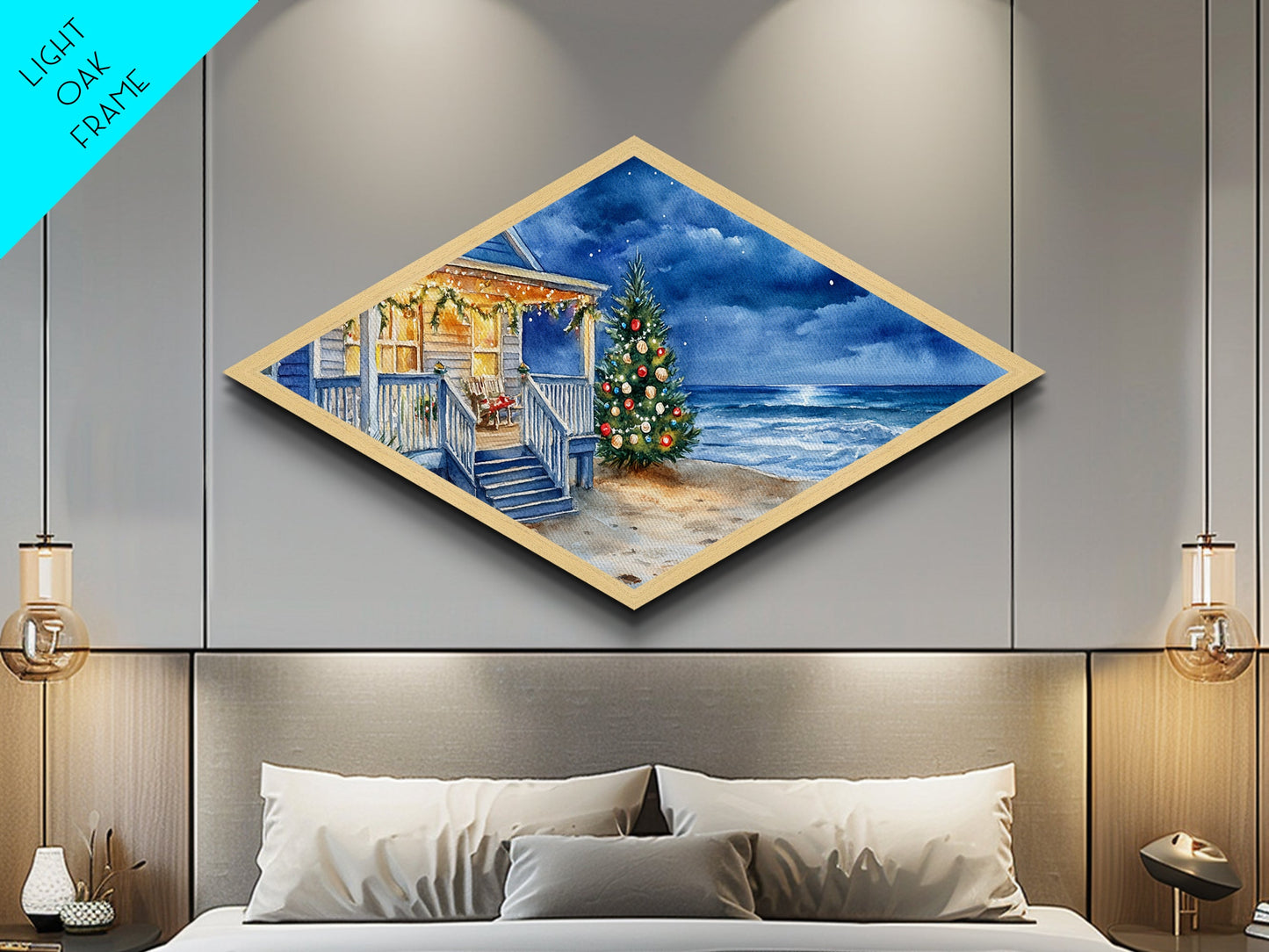 Coastal Christmas – Diamond Shaped Canvas Textured Print holiday beach house watercolor art oceanfront winter tree porch night scene