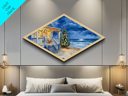 Coastal Christmas – Diamond Shaped Canvas Textured Print holiday beach house watercolor art oceanfront winter tree porch night scene