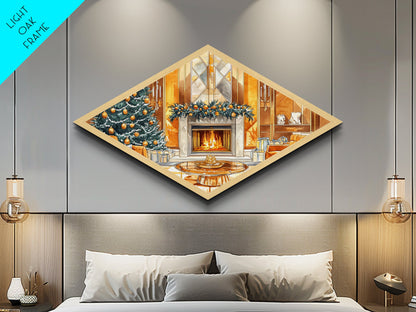 Festive Hearth – Diamond Shaped Canvas Textured Print cozy Christmas interior holiday fireplace art living room seasonal winter decor
