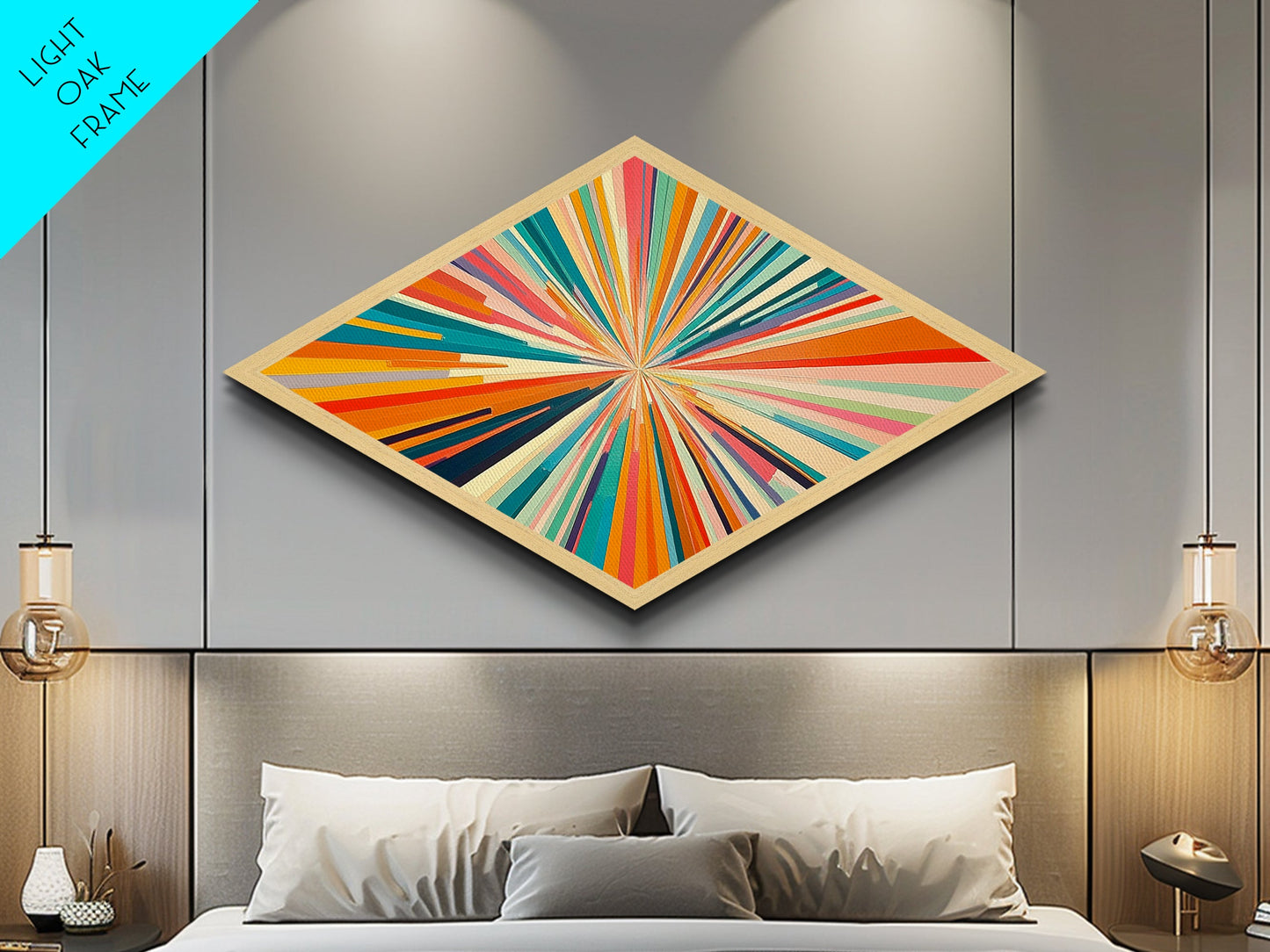 Kaleidoscope Burst Two Diamond Shaped Canvas Textured Print colorful abstract art pop modern rainbow rays living room statement