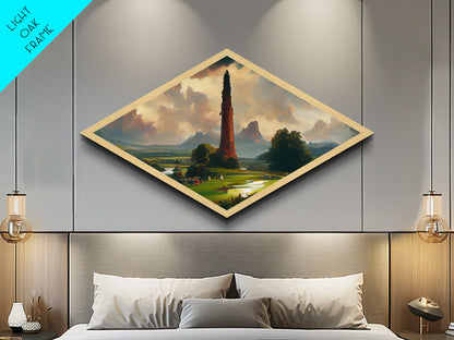 Towering Realm Scene Diamond Shaped Canvas Art Print, Mythic Landscape Fantasy Wall Decor, Romanticism Style Magical Nature View
