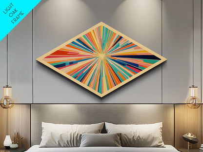 Retro Midcentury Modern Diamond Shaped Canvas Art Print, Color Burst, Green, Yellow and Red Swirl, Colorful Above Sofa Art