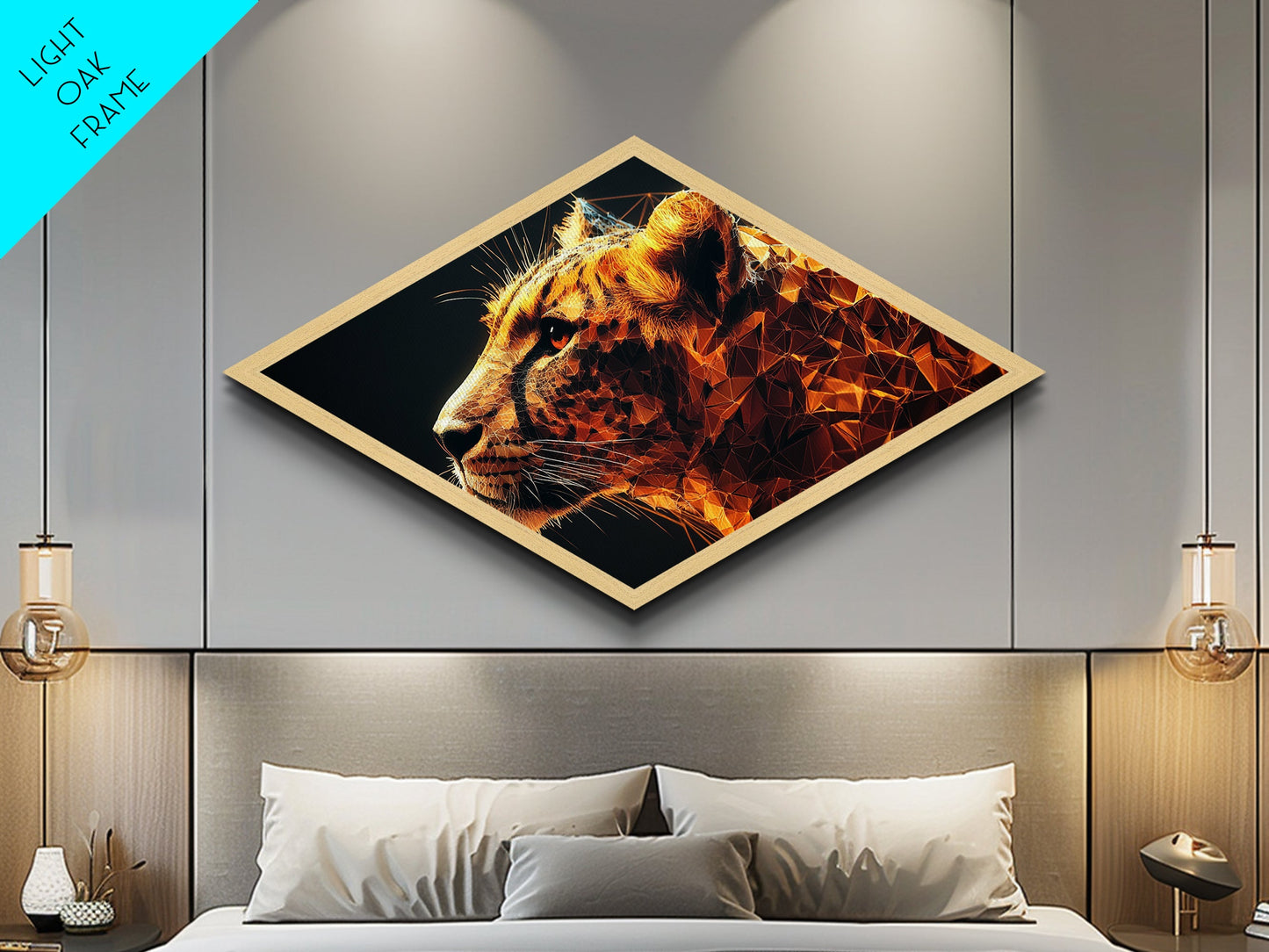 Prismatic Tiger Tech Diamond Shaped Canvas Embossed Print futuristic animal artwork digital geometric wild cat bedroom den or gamer wall piece