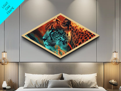 Jungle Sentinel Diamond Shaped Canvas Embossed Print Fierce Cheetah Animal Wall Decor Wild Safari Energy Bedroom Statement Wildlife Art
