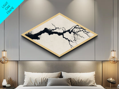Zen Branch Ink Diamond Shaped Canvas Textured Print Japanese Minimal Abstract Nature Wall Art Modern Decor Neutral Palette Home Gift