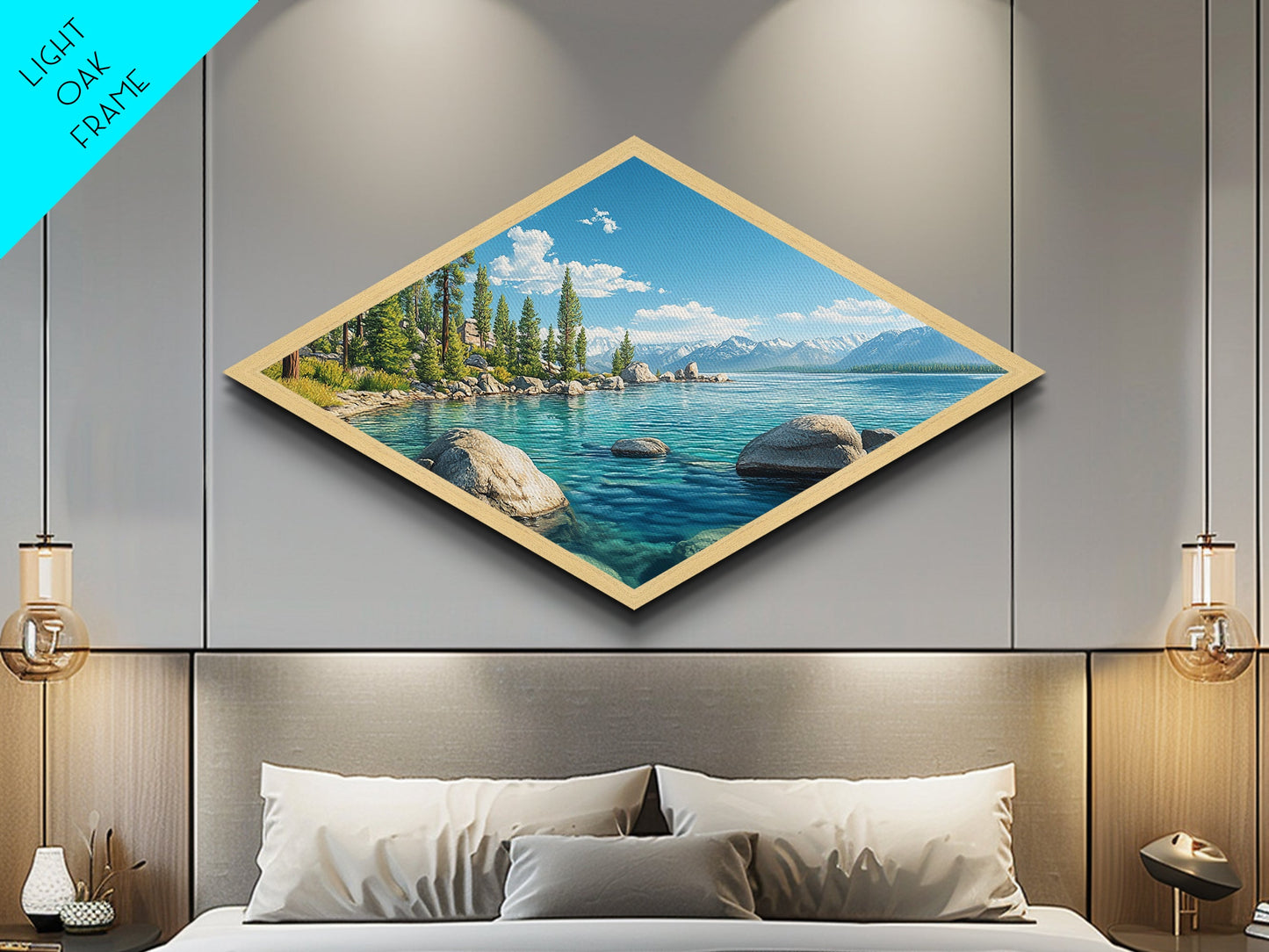 Alpine Stillness - Diamond Shaped Canvas Art Print Mountain Lake Nature Decor Rustic Lodge Wall Accent Peaceful Retreat Landscape