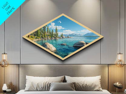 Alpine Stillness - Diamond Shaped Canvas Art Print Mountain Lake Nature Decor Rustic Lodge Wall Accent Peaceful Retreat Landscape