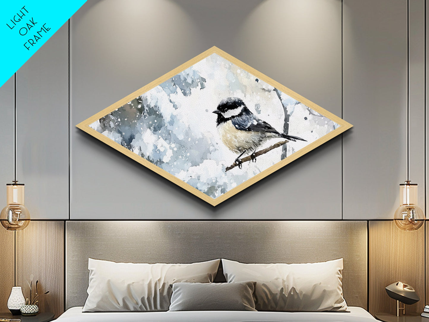 Winter Perch - Diamond Shaped Canvas Textured Print Snowy Bird Wall Art Woodland Wildlife Christmas Cabin Nature Room Accent