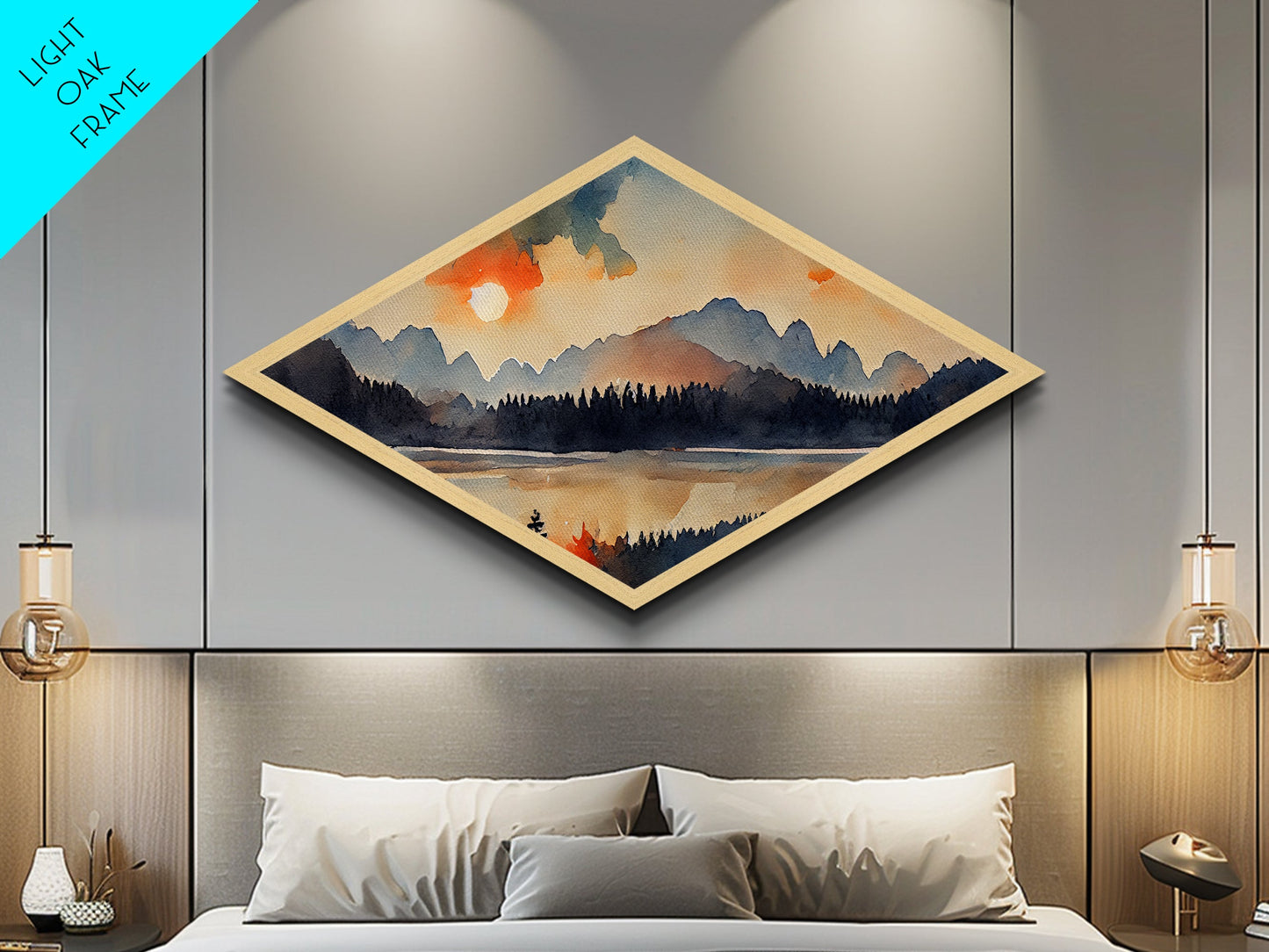 Sunset Over The Smoky Mountains, Diamond Shaped Art Print, Watercolor Landscape Painting, Nature Decor, Canvas Texture Art Print