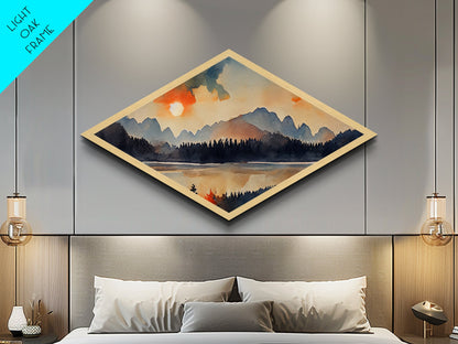 Sunset Over The Smoky Mountains, Diamond Shaped Art Print, Watercolor Landscape Painting, Nature Decor, Canvas Texture Art Print