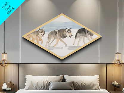 Wolf Pack In The Snow, Framed Canvas Print, Beautiful Watercolor Painting Of Wolves, Canvas Art Print, Diamond Shaped Art